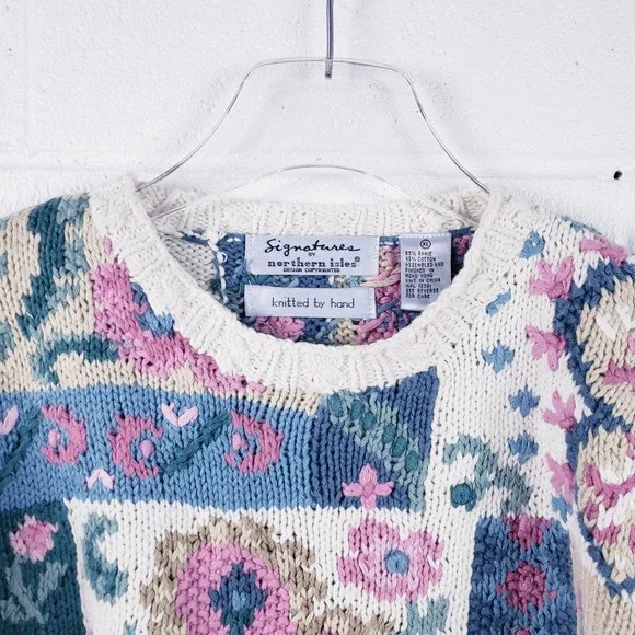 Signatures by Northern Isles Sweater Multicolor Patchwork Hand Knit Floral XL - Picture 3 of 8